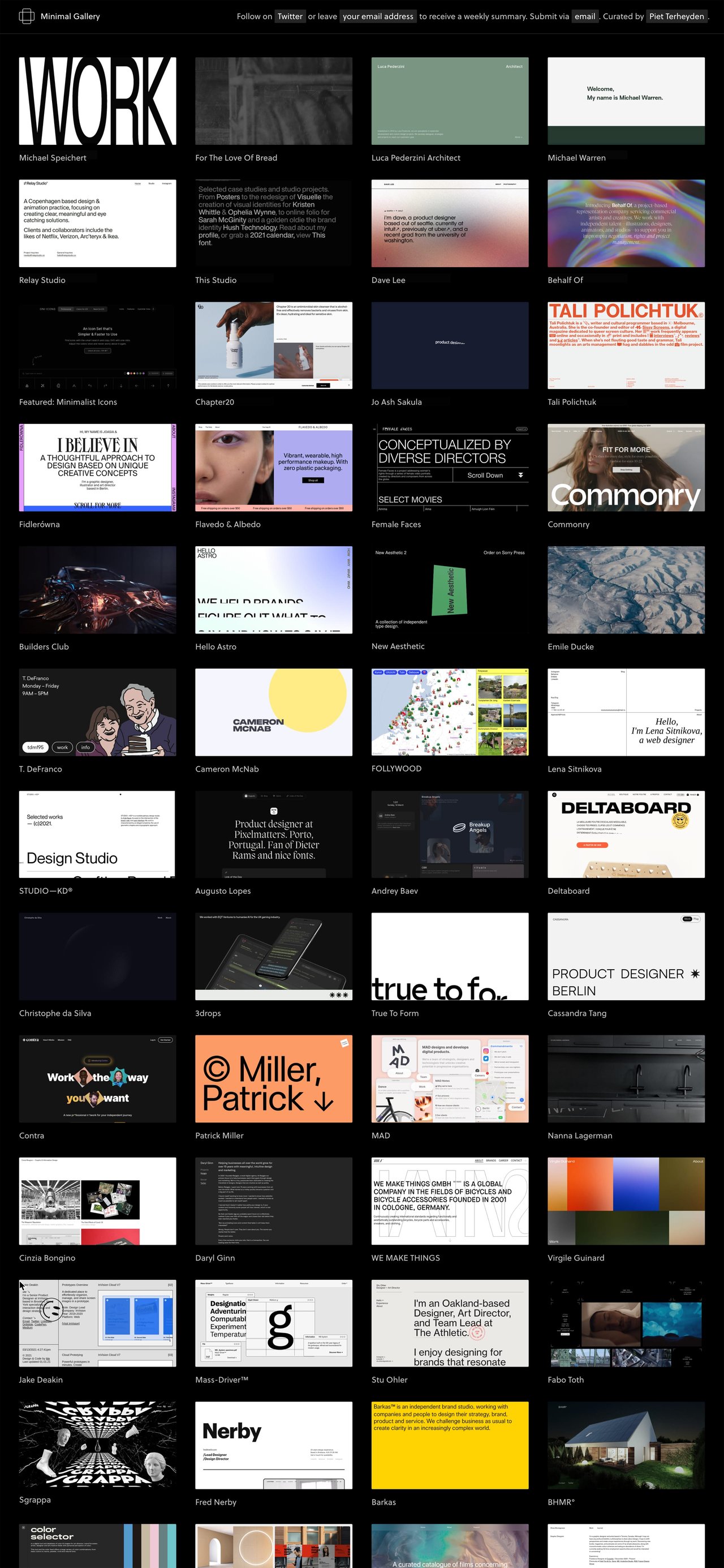 Minimal Gallery in 2021: a black page with a four-column grid of curated websites, credited to Piet Terheyden.